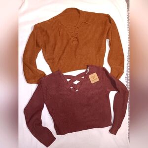 (NWT) Shein cropped Sweater Bundle 2PC - Puff Sleeve, Yellow & Pink, size M